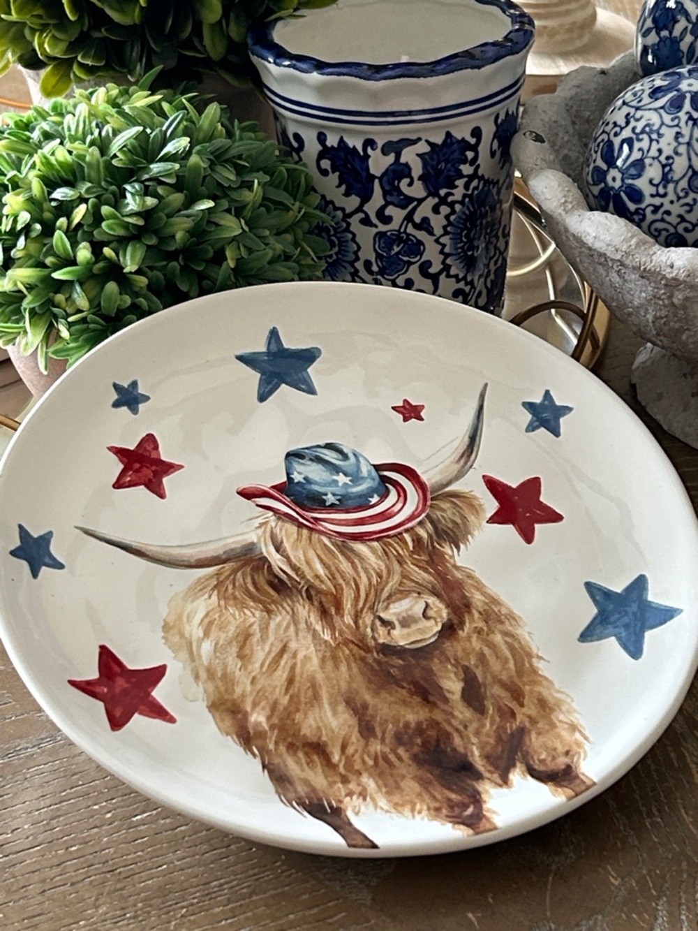 NEW! Americana Patriotic Highland Cow American Flag Cowboy Hat Serving Plate